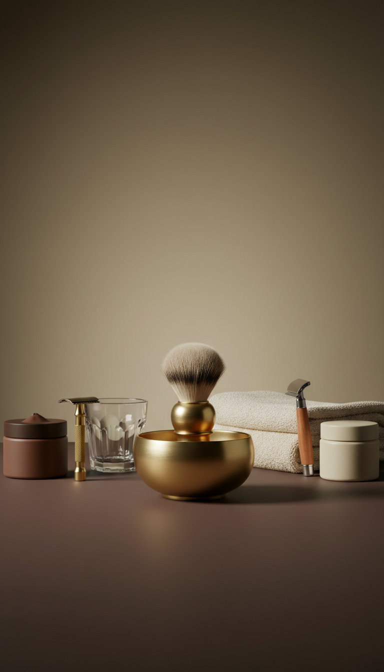 Brushed brass shaving brush and bowl set